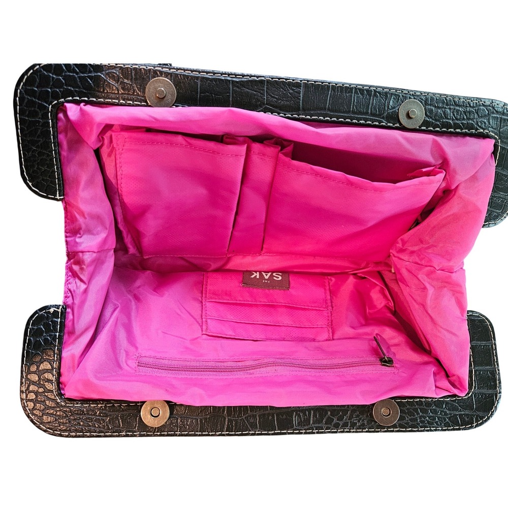 The Sak Zebra Print Crochet Shoulder Bag Black White Croc Trim Pink Lining - Picture 5 of 5